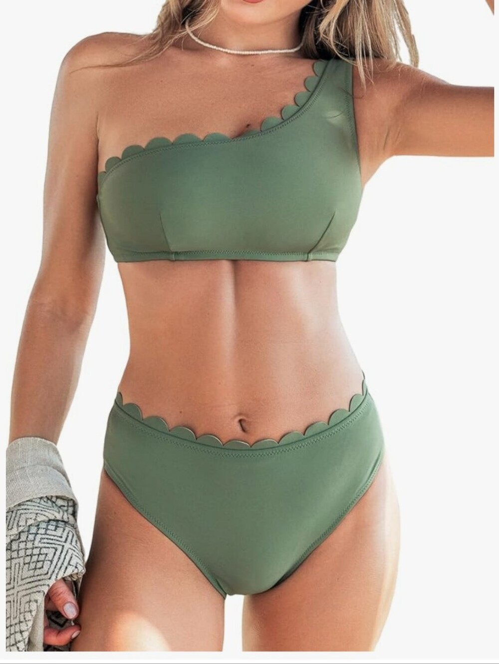 CUPSHE Women's Two Piece Bathing Suit One Shoulder Scalloped NWT Size Large